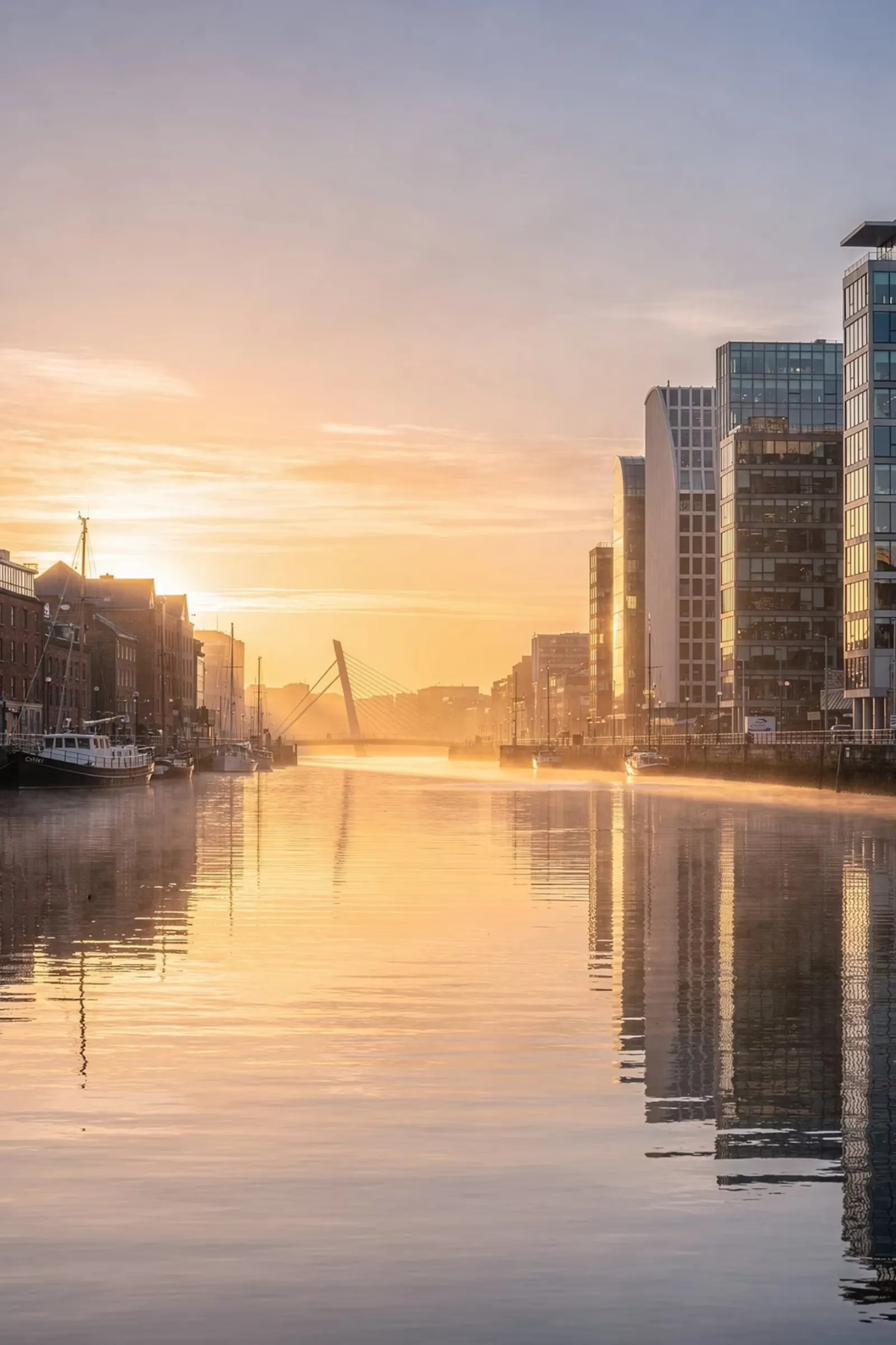 Dublin docklands waterfront at sunset