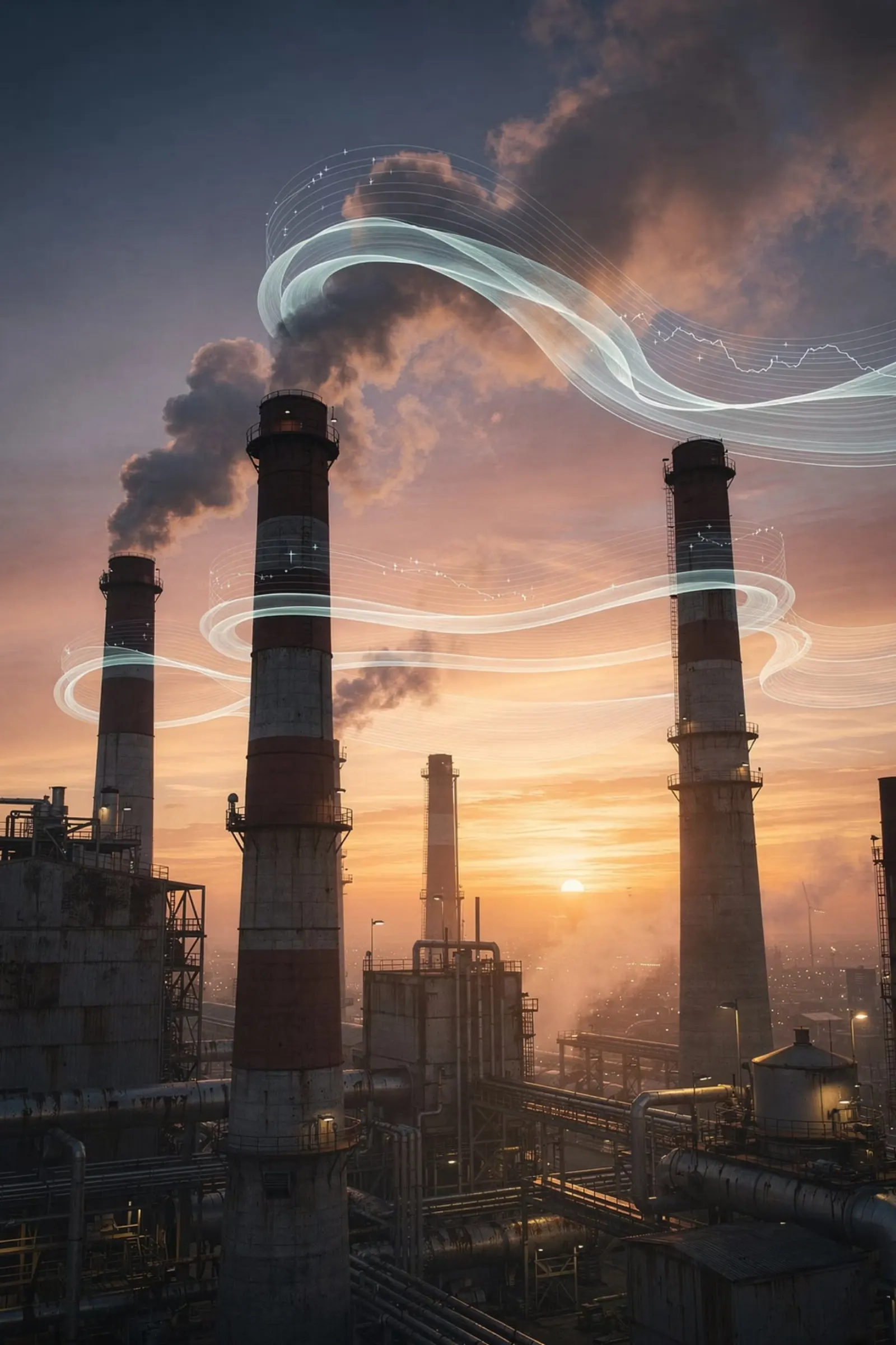 Industrial smokestacks emitting at dusk