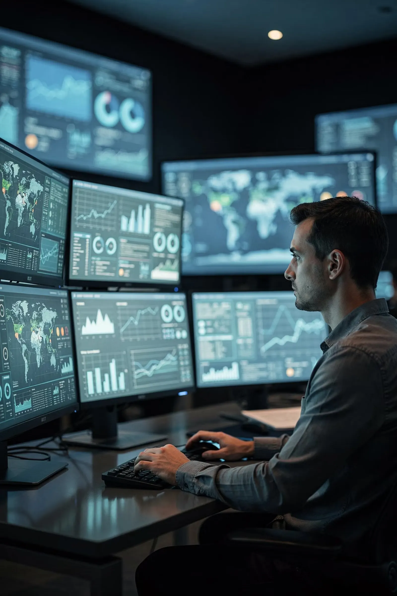 Analyst monitoring risk dashboards across multiple screens
